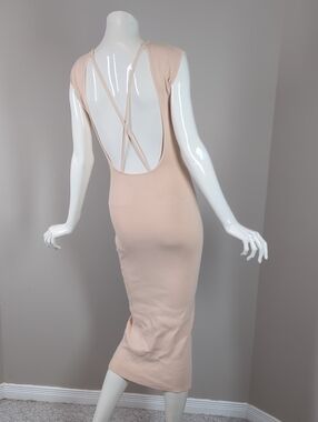 Zara Blush Pink Backless Midi Dress with Crisscross Straps Bodycon Ribbed